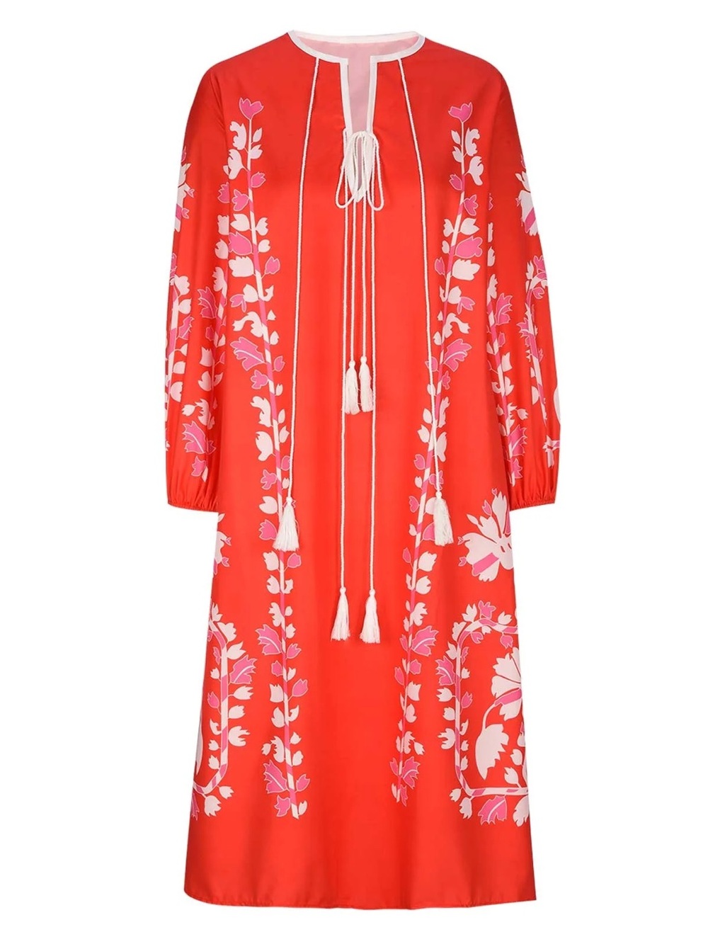 To My Lovers Red Long-Sleeve Floral Print Tassel Dress - S